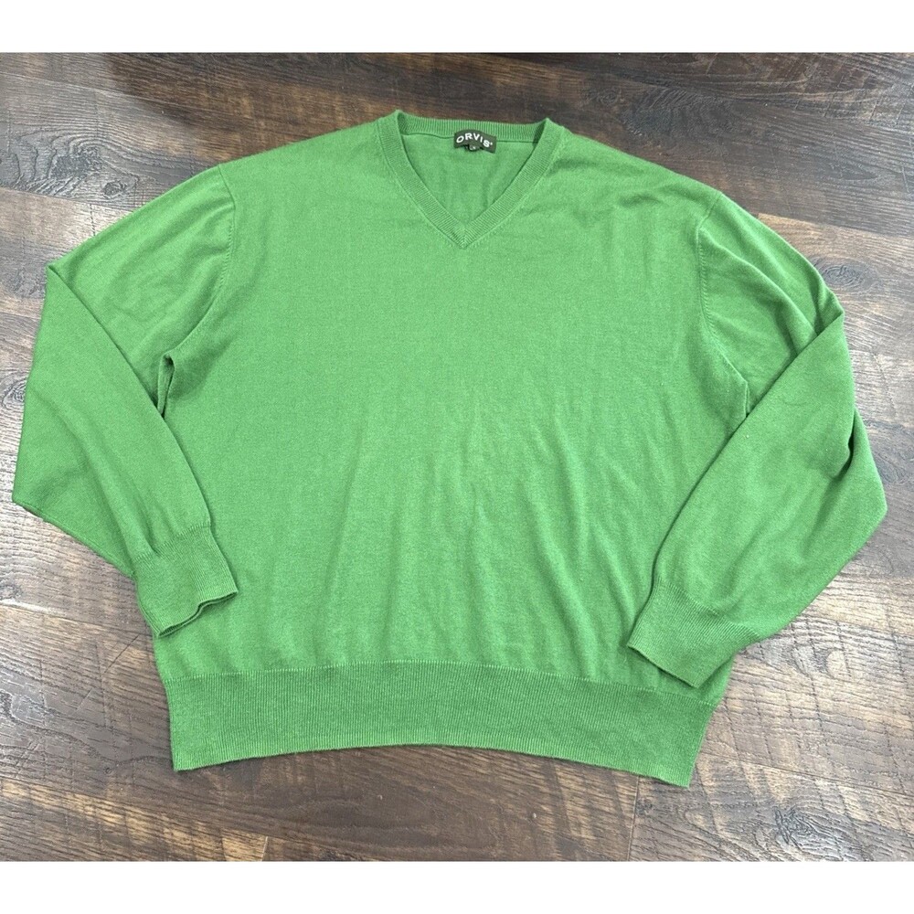 Orvis Mens V Neck Sweater Size XL Green Cotton Silk Cashmere Blend Soft EUC
